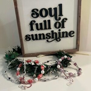 Handmade‎ Beaded Evil Eye Bracelet Set Red Purple Swirl Glass Pearl Boho 7.5 In